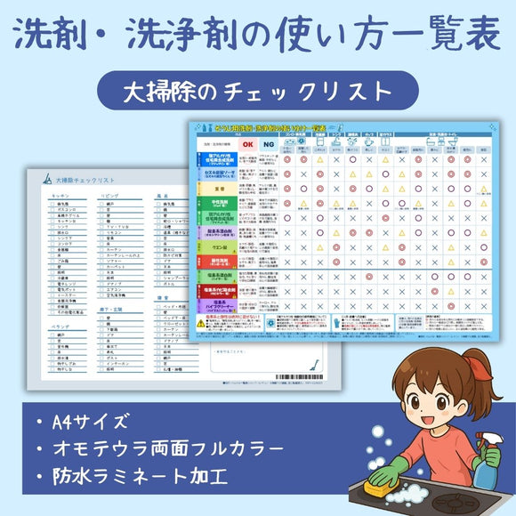 そうじ用洗剤・洗浄剤の使い方一覧表　A4サイズ　オモテウラ両面カラー　防水ラミネート