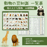 動物の豆知識一覧表【陸の大きな動物44種類編】A4サイズ・オモテウラ両面フルカラー・防水ラミネート加工