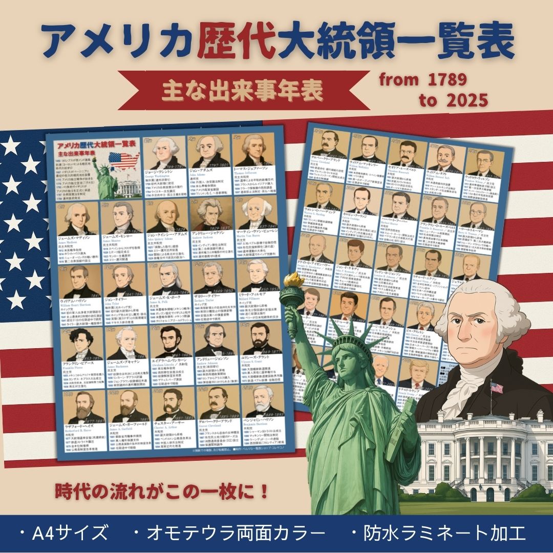 アメリカ歴代大統領46人のイラスト一覧と主な出来事年表｜A4カラー両面