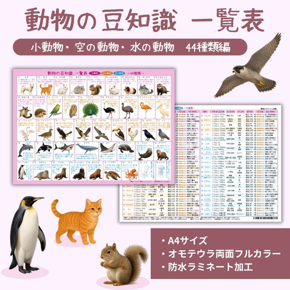 動物の豆知識一覧表【小動物・空の動物・水の動物　44種類編】A4サイズ・オモテウラ両面フルカラー・防水ラミネート加工