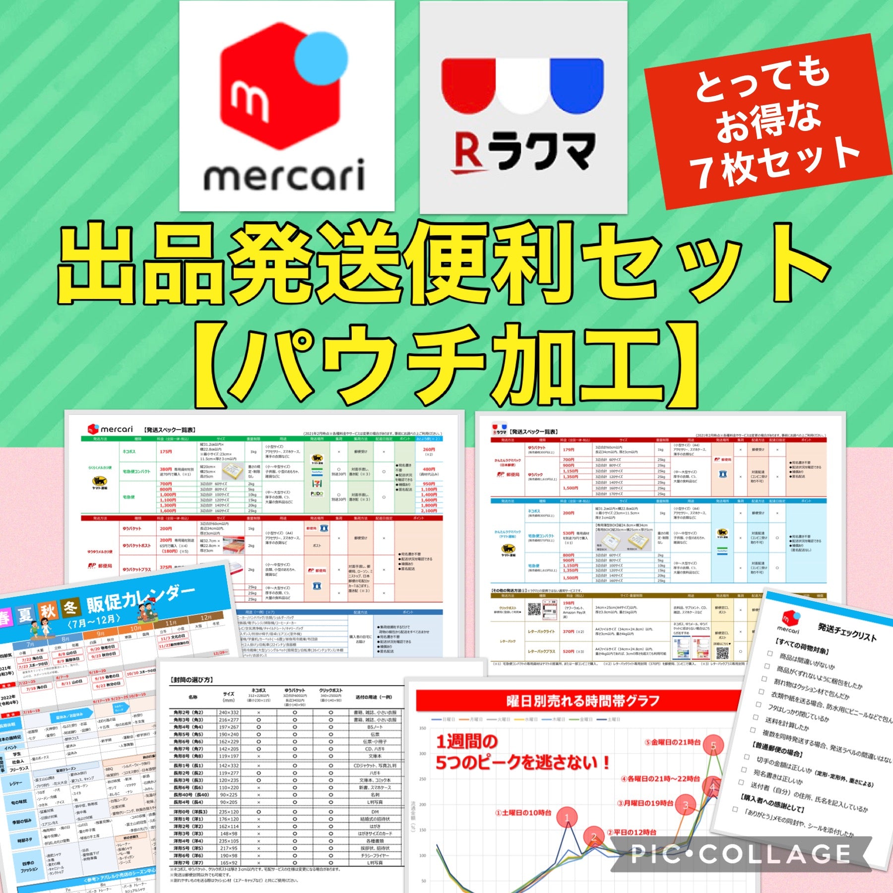 メルカリ&ラクマ出品発送便利シート(パウチ加工7枚セット メルカリ&ラクマ出品発送便利シート(パウチ加工7枚セット